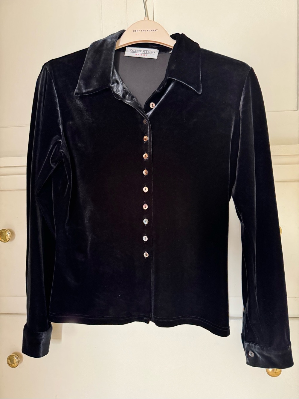 Valerie Stevens Black Velvet Button-Front Collared Top